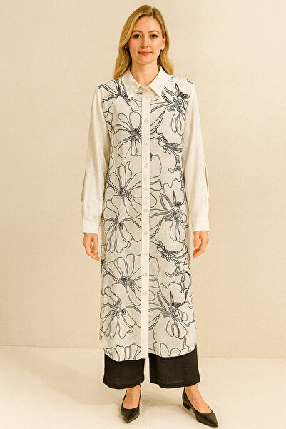 Gazella 42881 ÖNÜ DÜĞMELİ KOLU KATLANIR ÖNÜ ÇİÇEK BASKI DETAYLI UZUN TUNİK #0...