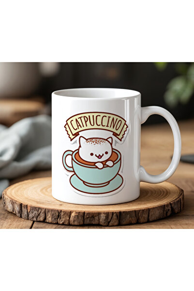 BB TRADE Catpuccino Designed White Ceramic Printed Mug 330ml
