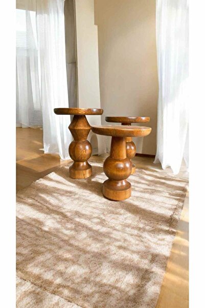 Simillo Home&Living Ahşap Masif Doğal Mantar Sehpa – 3’lü Tik Ağacı Renk Zigo...