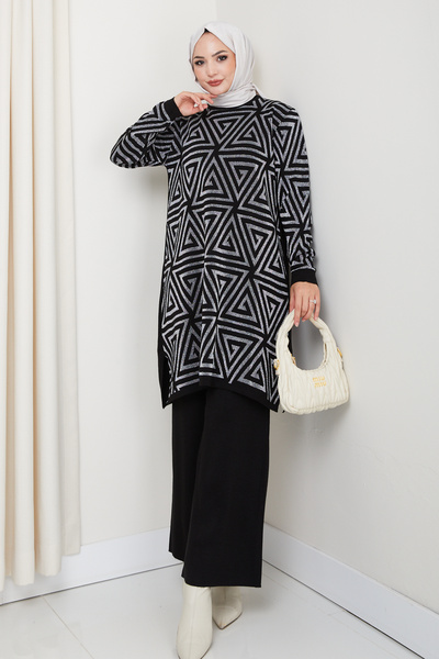 KAYA BUTİK Silvery Geometry Patterned Tunic with Knitwear Pants