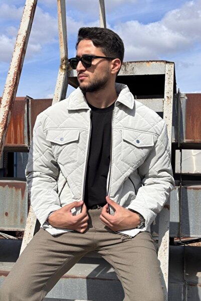 inpool Shirt Collar, Oversized, Double Pocket Flap, Diamond Patterned Quilted Jacket 2504