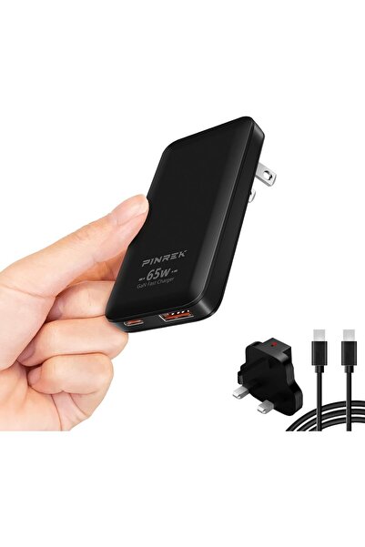 PINREK شاحن USB C ثنائي المنفذ 65 وات، محول سفر مع كابل Type C بقوة 100 وات و...
