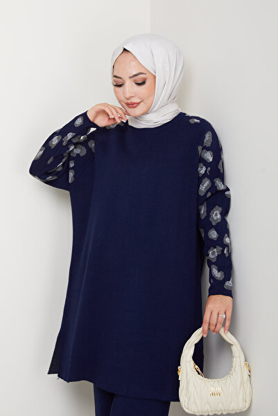 FERHEL Sleeve Leopard Detailed Steel Knitted Comfortable Fit Women's Tunic and Trouser Knitwear Set