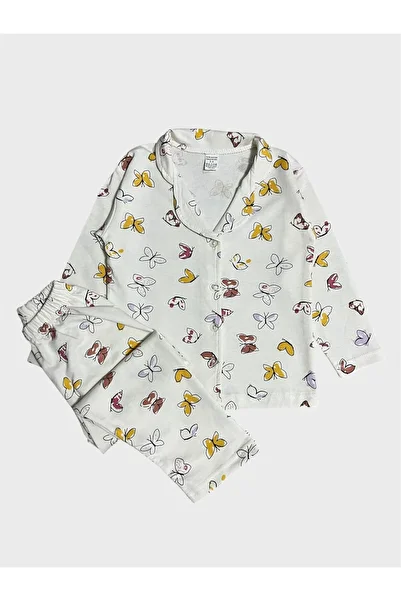 ALİŞ KİDS Girl's Cotton White Butterfly Patterned Shirt Collar Buttoned Pajama Set