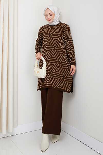 KAYA BUTİK Silvery Geometry Patterned Tunic with Knitwear Pants