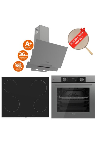 Ferre FryArt Silver Vitroseramik Elektrikli Gri Ankastre Set ( D065-SA Sessiz + MS261 + XE63CPR)