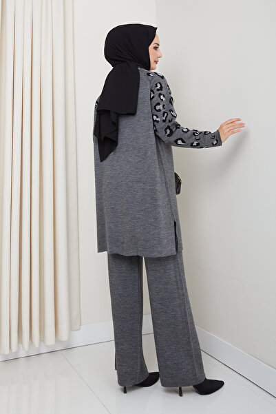 Kirazgym Sleeve Leopard Detailed Steel Knitted Comfortable Fit Women's Tunic and Trouser Knitwear Set