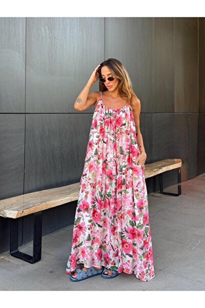 Maldia Shop Kadın İp Askılı Çiçek Desenli Pembe Elbise