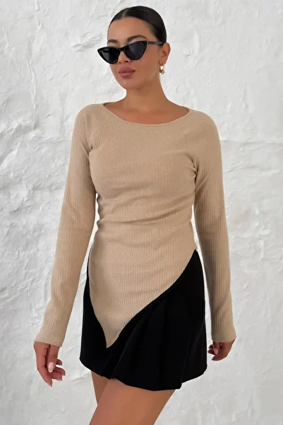 MODAGEN Women's Beige Boat Neck V-Cut Ribbed Interlock Blouse