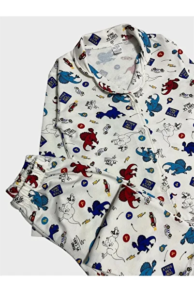 ALİŞ KİDS Boy's Cotton White Dinosaur Car Patterned Shirt Collar Buttoned Pajama Set