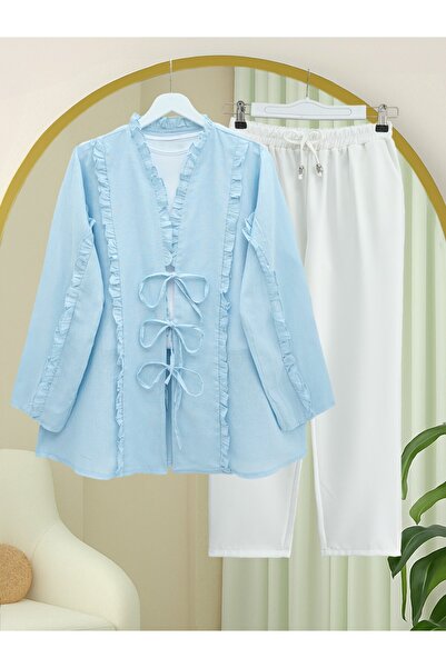 Modamorfo Linen Shirt with Ruffle Front and Sleeves - Baby Blue