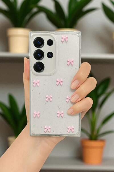 KVK PRİVACY Samsung S25 Ultra Uyumlu – Pembe Fiyonk Desenli, Parlak Simli, Şe...