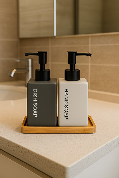 İnterlife Luxury Modern Liquid Soap Dispenser Set with Bamboo Tray, 2-Piece Soap Dispenser Boxed Dowry Gift 500 ml