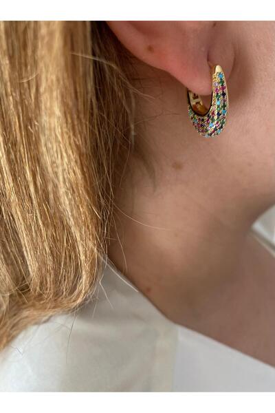 marsel aksesuar Colorful Zircon Minimal Stone Clip-On Vip Gold Earrings