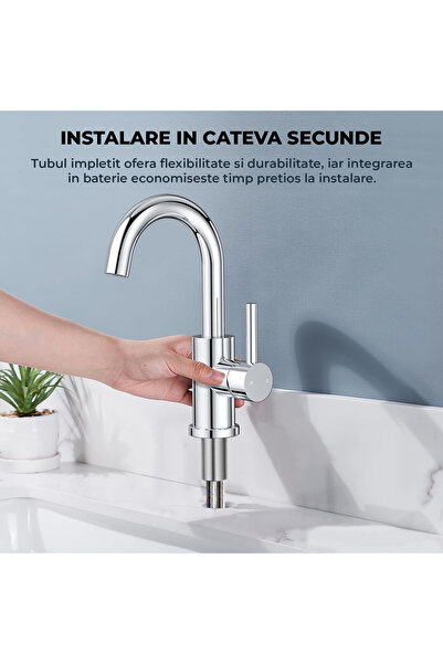 Elindor Baterie lavoar baie argintie ®, cu pipă pivotantă la 360°, monocomandă, finisaj periat lucios