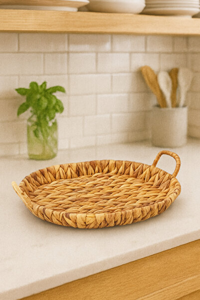 Çavdar Group صينية بيضاوية كبيرة الحجم من الخوص مع مقبض، صينية محبوكة يدويًا من الخوص