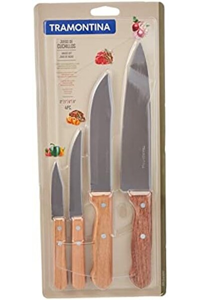 TRAMONTINA Dynamic 4 Pieces Knife Set with Stainless Steel Blade and Natural Wood Handle