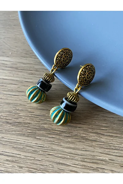 dela otantik Handmade Turquoise and Gold Color Dangle Earrings - Authentic Ethnic Big Earrings - Bohemian Bijouterie Jewelry