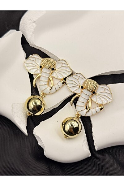 Duera Beyaz Mineli Fil Figürlü Altın Gold Detaylı Tasarım Marka Model Sallantılı Çelik Küpe