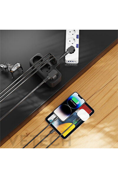 Vetech Akım Korumalı Grup Priz Duvar Tipi 3x Priz, 2x Type-C, 1x USB Port Çıkışlı Çoklu Priz