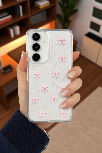 KVK PRİVACY Samsung A55 Uyumlu – Pembe Fiyonk Desenli, Parlak Simli, Şeffaf Y...