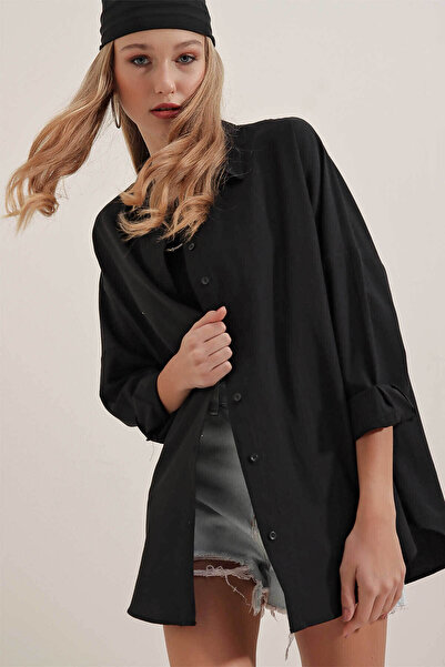Bigdart Oversize Long Basic Black Women's Shirt 3900