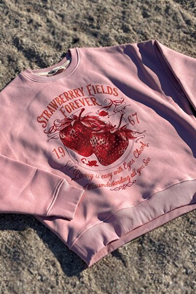 The Champ Clothing Γυναικείο φούτερ Oversize Strawberry Fields Pink – Crew Neck, 3-κλωνο ριγέ φλις