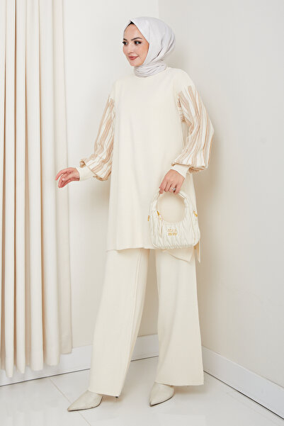 FERHEL Sleeve Glitter Stripe Detailed Steel Knitted Comfortable Fit Women's Tunic and Trouser Knitwear Set