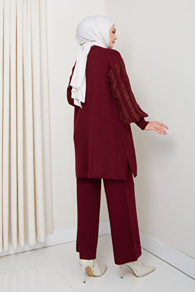 FERHEL Sleeve Glitter Stripe Detailed Steel Knitted Comfortable Fit Women's Tunic and Trouser Knitwear Set