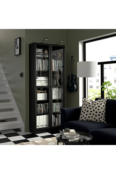 GENELEC Siyah Meşe Görünümlü Cam Kapaklı Kitaplık Özel Tasarım 80 x 30 x 202 CM