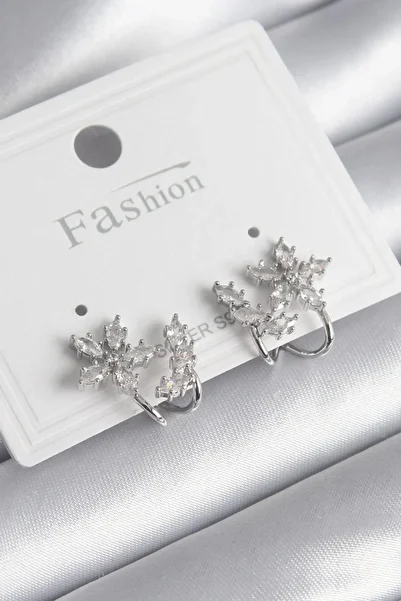 Celira Brass Silver Color Zircon Stone Flower Model Women's Earrings Ns2851