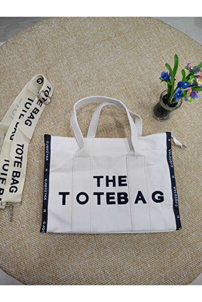 Scrooll AXİVON THE TOTE BAG KADIN ÇANTASI KİRLİ BEYAZ EKRU KANVAS NAKIŞLI GEC...