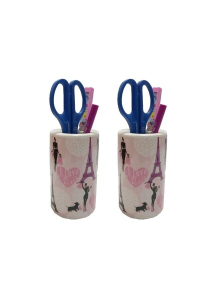 Bosphorus 2 Pieces Pen Holder with Girl Paris Pattern Ceramic Office Supplies 7X7X11Cm