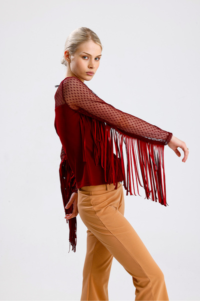 Sense Tasseled Scuba Crepe Tulle Blouse |   Blz33372 Burgundy