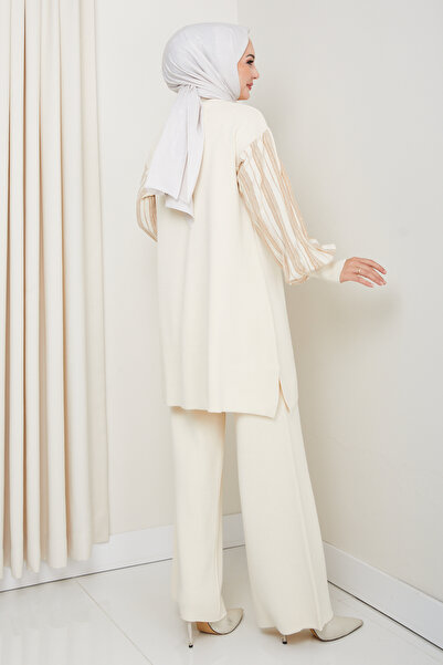 FERHEL Sleeve Glitter Stripe Detailed Steel Knitted Comfortable Fit Women's Tunic and Trouser Knitwear Set