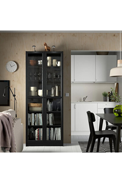 GENELEC Siyah Meşe Görünümlü Cam Kapaklı Kitaplık Özel Tasarım 80 x 30 x 202 CM