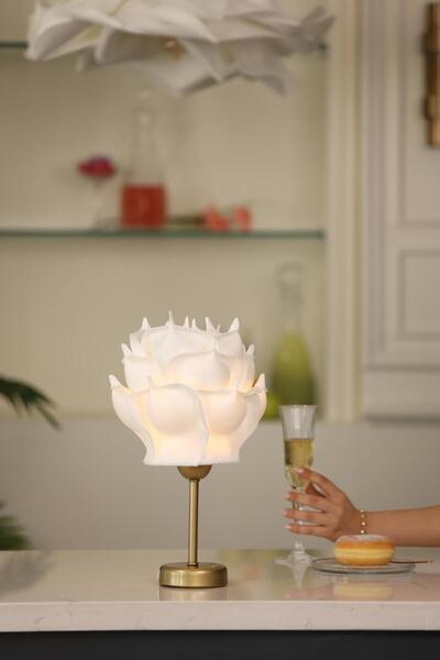 Maison Avf Beyaz Eva Gül Tasarım Şarjlı Masa Lambası - Alt Uzun Eskitme Gold