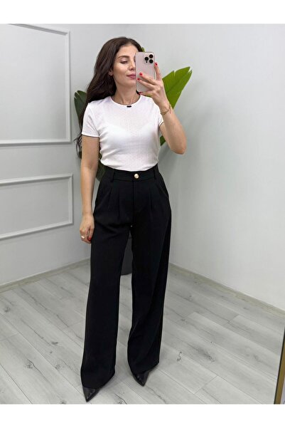 TUNAM BUTİK 1078 Pleated Gold Buttoned Palazzo Pants Black