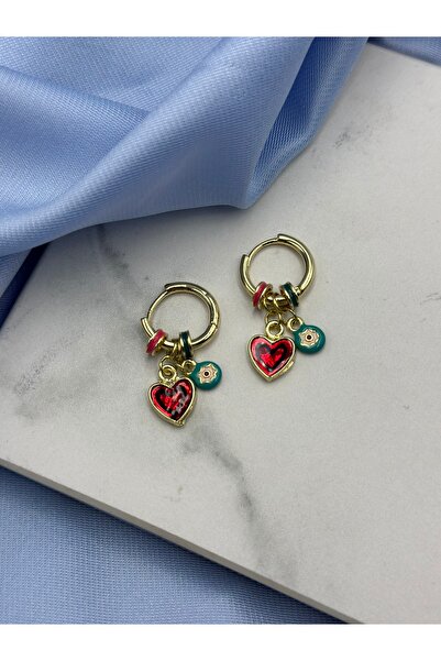 Duera Gold Renkli Kalp ve Nazar Boncuğu Figürlü Halka Küpe