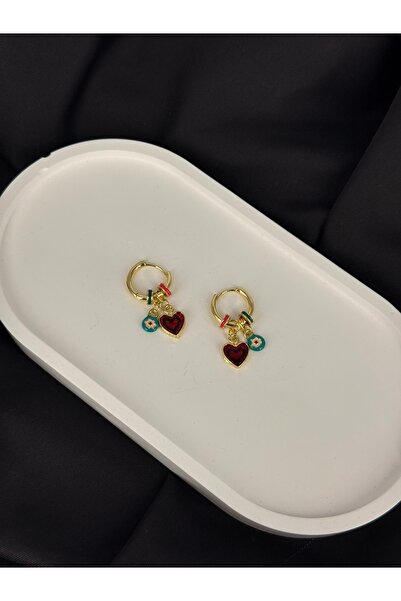 Duera Gold Renkli Kalp ve Nazar Boncuğu Figürlü Halka Küpe