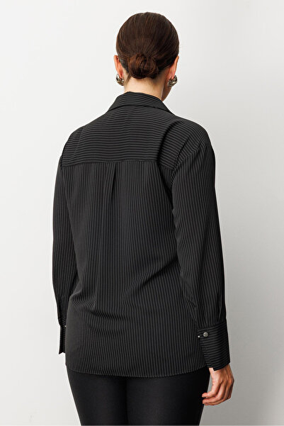 Moda İlgi Γυναικείο πουκάμισο μεγάλου μεγέθους Glitter ριγέ 0034 Μαύρο