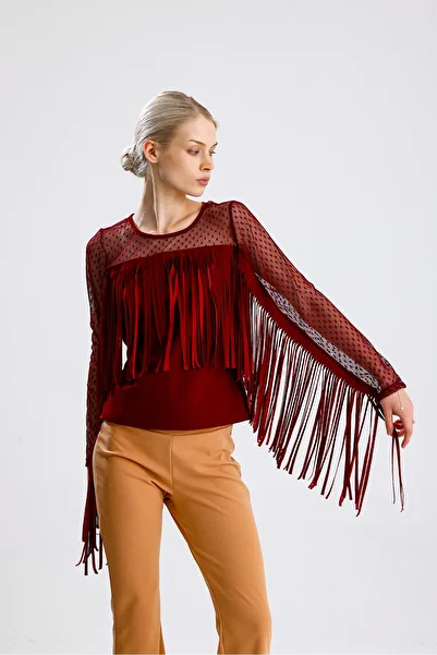 Sense Tasseled Scuba Crepe Tulle Blouse |   Blz33372 Burgundy