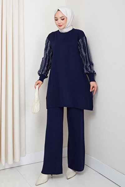 FERHEL Sleeve Glitter Stripe Detailed Steel Knitted Comfortable Fit Women's Tunic and Trouser Knitwear Set
