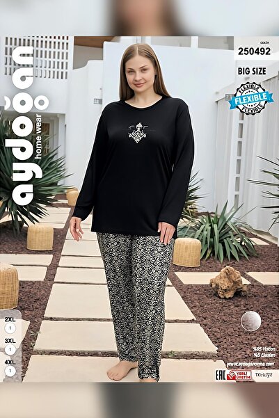 Aydoğan Γυναικείο μαργαριτάρι Plus Size She Is Me Μαύρο Σετ Πυτζάμες 0492