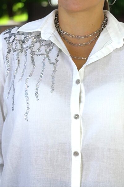 yagmurberen Foldable Sleeve Detail Sequin Embroidery Organic Linen Plus Size Shirt