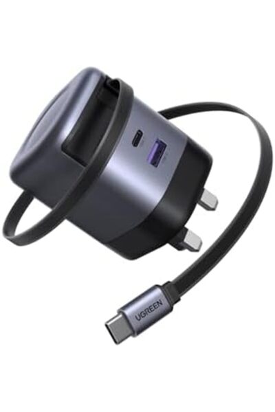 Ugreen 65W Type C Fast Charger with Retractable USB Cable, 3 Ports GaN Laptop Adapter
