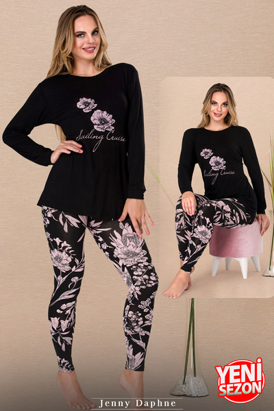 Jenny Daphne Viscose Fabric Floral Patterned Crew Neck Long Sleeve Top and Capri Lady Pajamas Set 11605