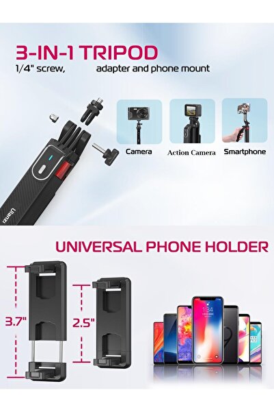 ulanzi حامل ثلاثي القوائم MA09 قابل للتمديد للهاتف، 71 بوصة، عصا سيلفي، Vlog رباعي القوائم مع جهاز تحكم عن بعد قابل لإعادة الشحن