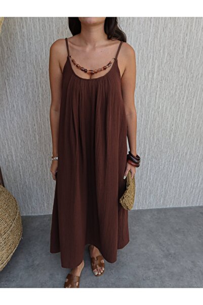 ESRAHELVACI Örgü Askılı Göğüs Taşlı Midi Elbise