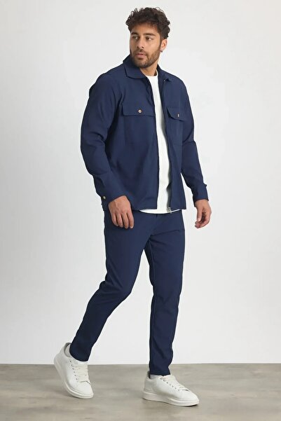 MADZEYMODA Premium Men's Seersucker Fabric Navy Blue Slim Jacket - Pants Bottom Top Set Ls-5623